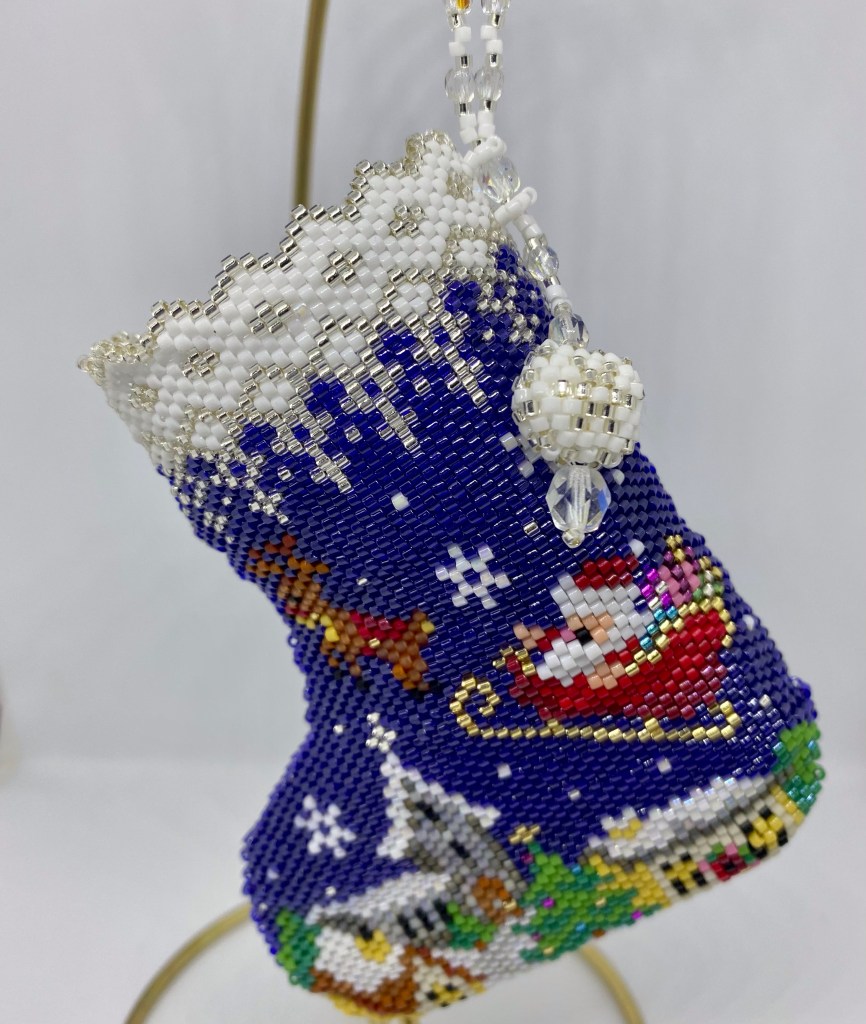 Santa’s sleigh miniature Christmas stocking - design by ThreadABead