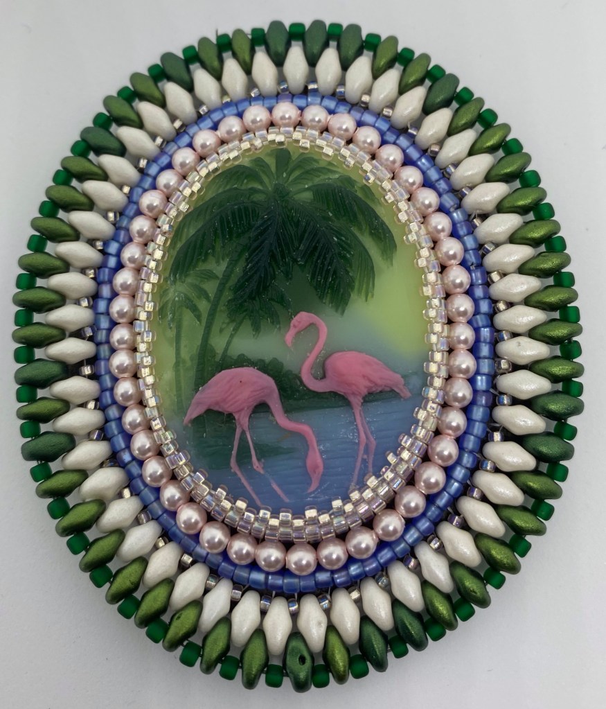 Flamingo cabochon bead embroidered focal piece
